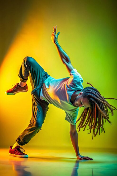 Danseur afro réalisant une figure sur fond vert et jaune